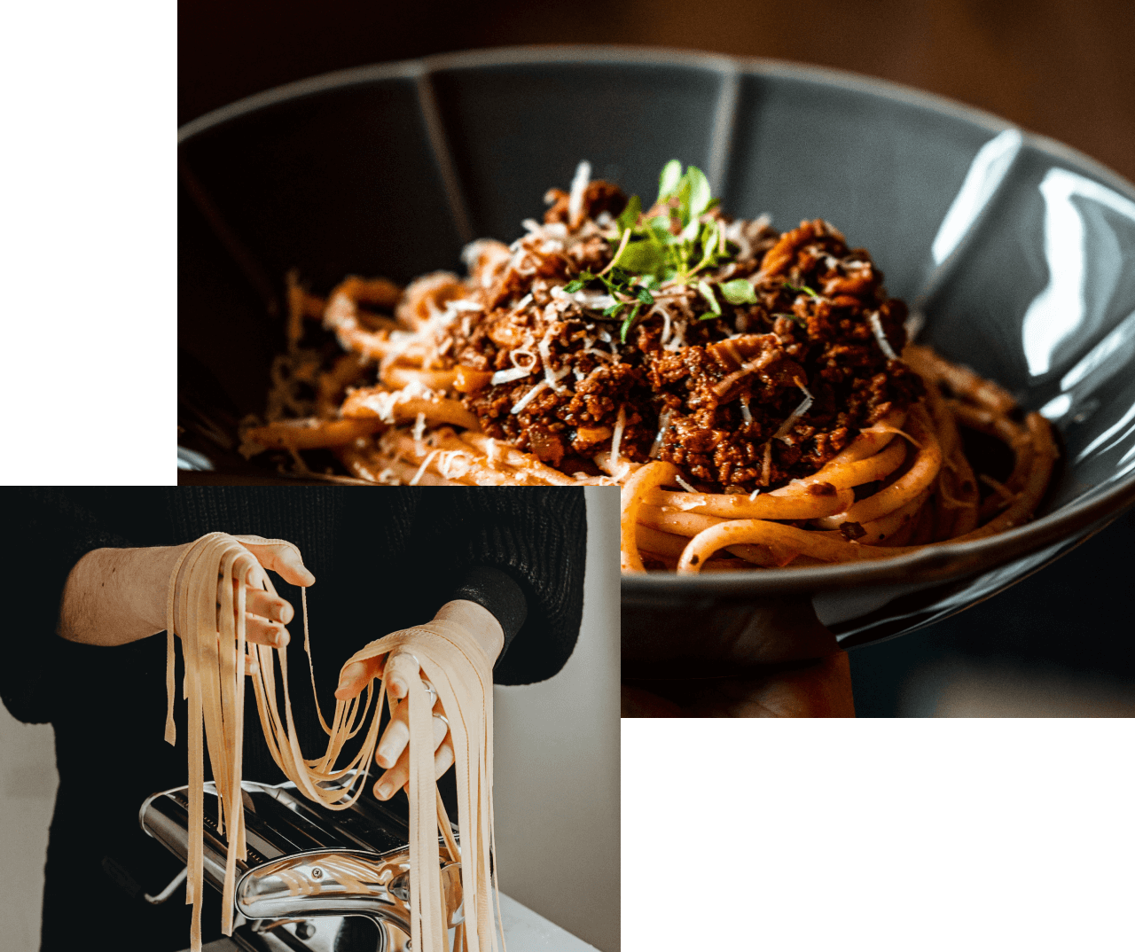 生パスタを作っている様子とお皿に盛り付けられているミートソースパスタ